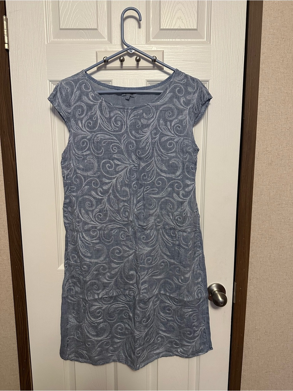 Cap-Sleeve Embroidered Midi Dress in Slate Blue